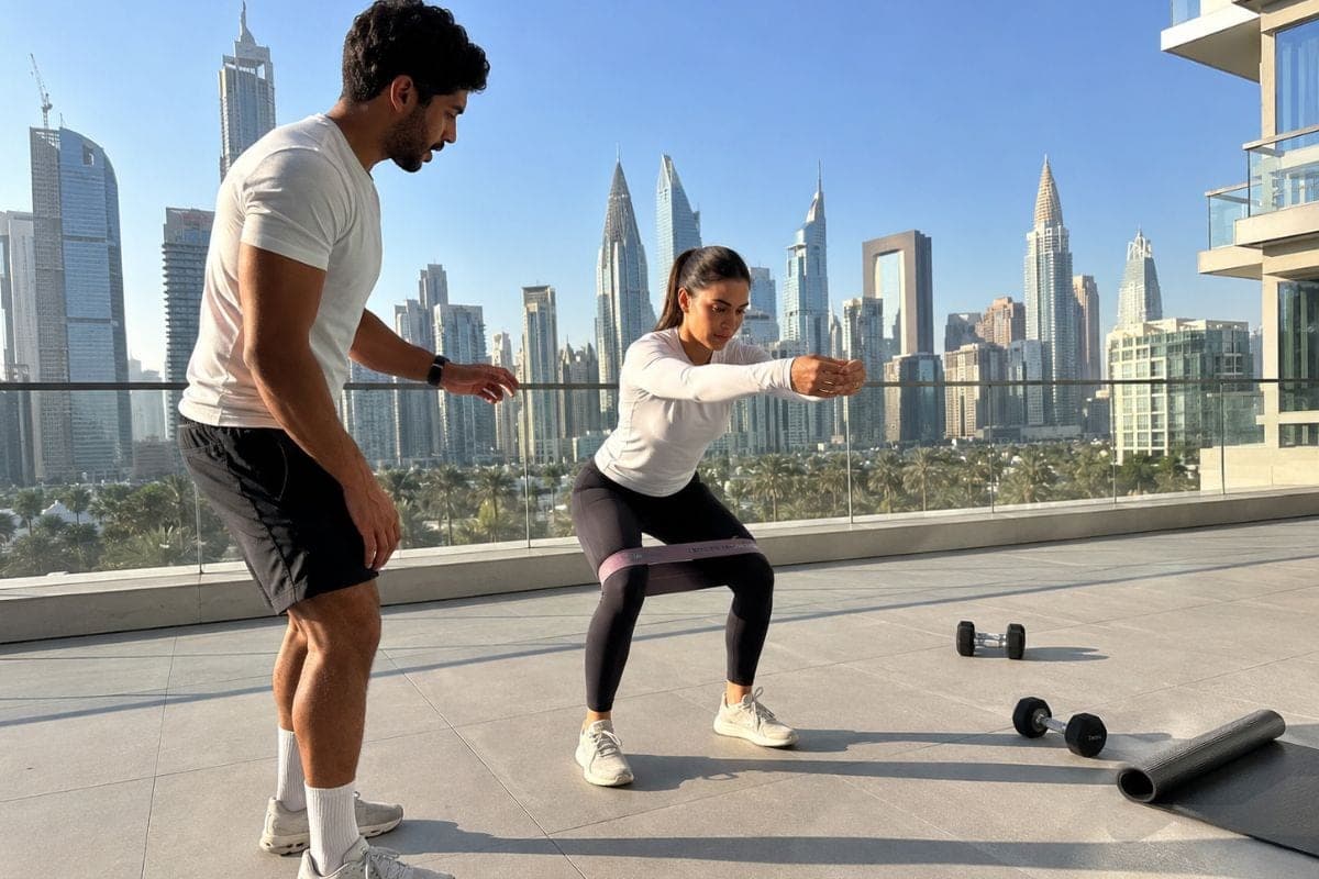Personal trainer service in Dubai: resistance band session on a rooftop facing the skyline